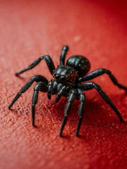 Close-up of a black spider on a red surface.