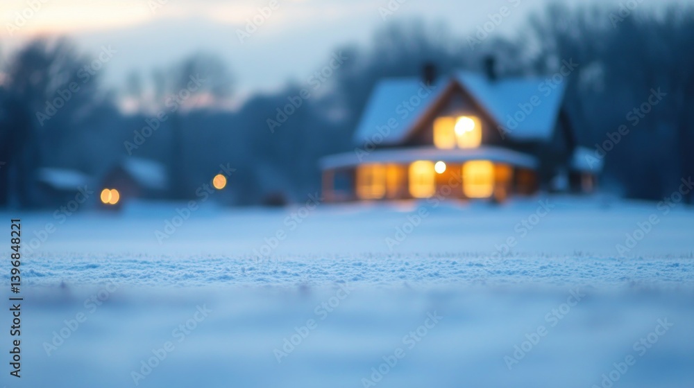Poster Snowy field with a blurred illuminated house in the background at dusk.