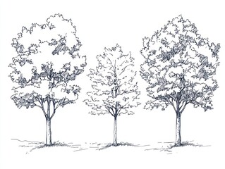 Three sketched trees, park setting, nature illustration, design element