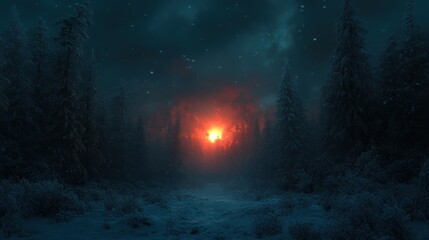 Obraz premium Snowy forest path at night with red glow.