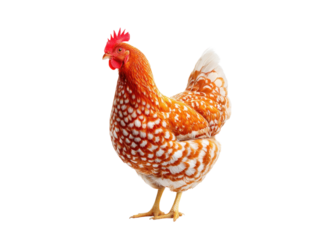 Speckled Sussex hen isolated on white background. Poultry farming and agriculture concept.