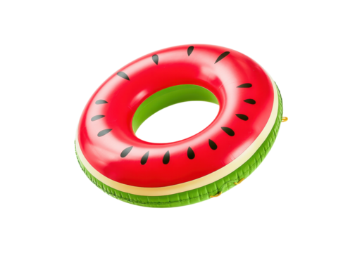 Inflatable watermelon pool float on white background. Summer vacation concept.