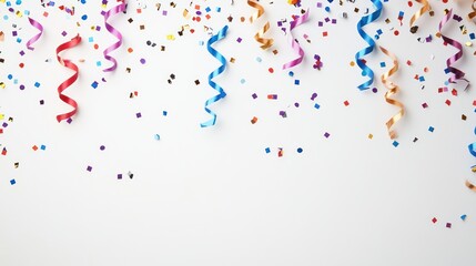 Naklejka premium Colorful confetti and ribbons on white background.