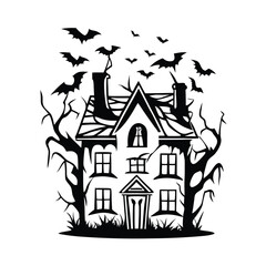 Spooky House Silhouette with Bats, Trees, and Grass Monochrome Creepy