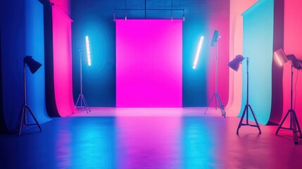 mockup with multiple colored backgrounds in a studio, each bathed in spotlights and lighting effects that add depth and vibrancy to the scene.