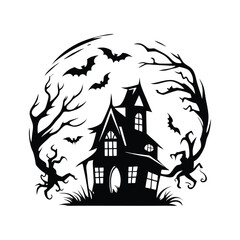 Spooky Haunted House Silhouette with Bats and Bare Trees in Full Moon Backdrop