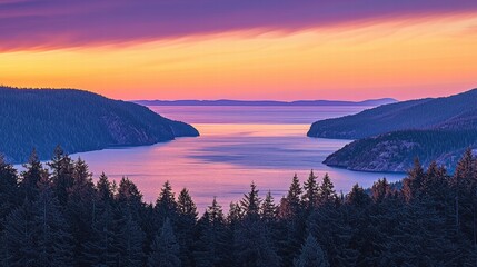 Fototapeta premium Stunning sunset reflection over a peaceful lake surrounded by nature's breathtaking beauty