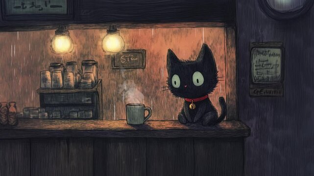 A cute black kitten in red choker at a coffee shop, A cat savoring the aroma of coffee with its eyes closed, coffee cup next to him, Warm colors of purple and orange. Lofi art, anime, Asmr.