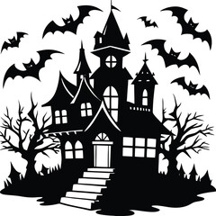 Creepy House Black Silhouette with Bats, Trees, and Fence Elements on White Backdrop