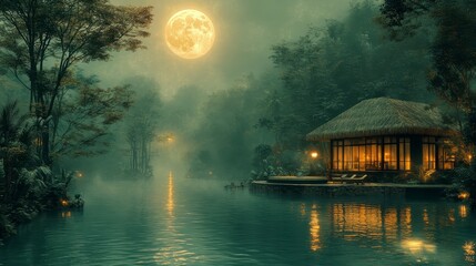 Fototapeta premium River scene with hut bathed in moonlight. Trees, water, building, and lights