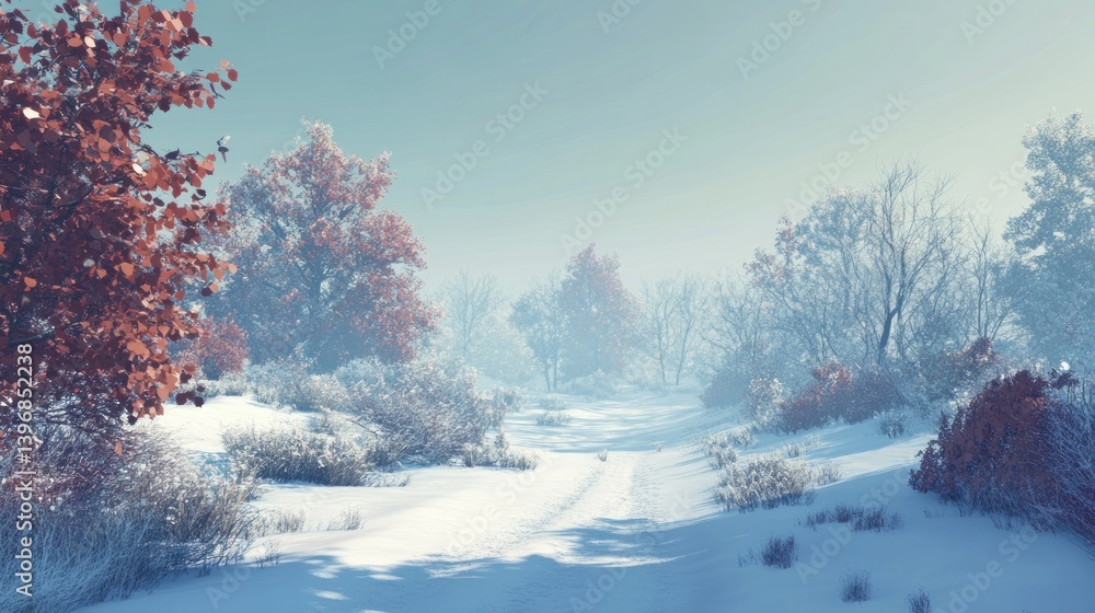 Aufkleber Snowy path through winter forest with frost-covered trees and shrubs under a hazy sky.