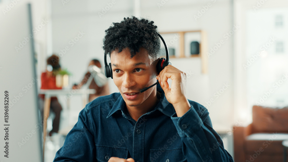 Leinwandbilder computer, headset and support with man in call center for assistance, help or lead generation. conta