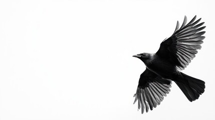 Obraz premium Black bird in flight against white background.