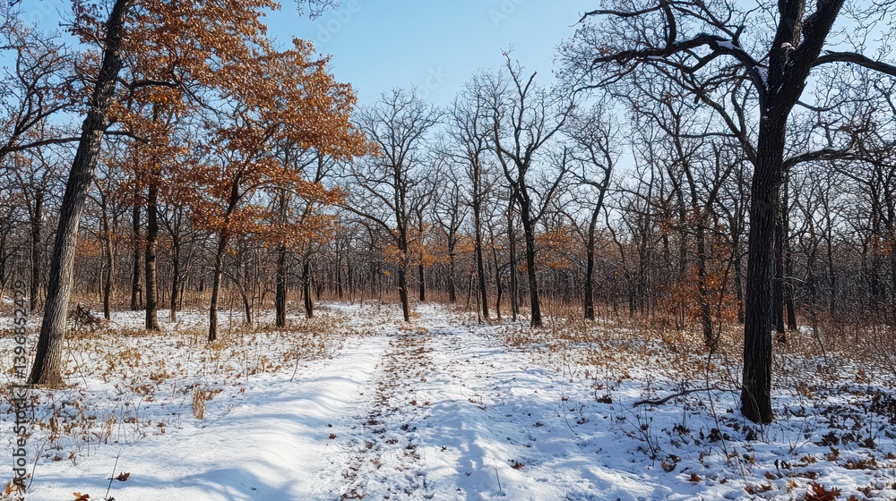 Aufkleber snowy path through winter forest with leafless trees and snow-covered ground.