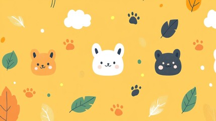 Fototapeta premium Cute animal faces, leaves, paws, and clouds on yellow.