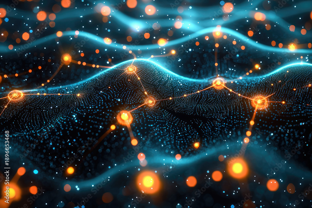 Poster Abstract network illustration showing interconnected orange nodes on a blue wave-like surface with bokeh effects, resembling data flow.
