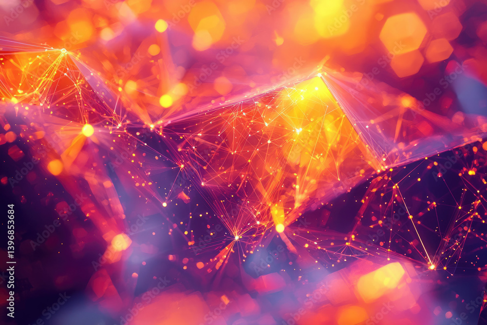 Aufkleber Abstract network of interconnected nodes with vibrant orange and purple colors, simulating a digital plexus with bright sparkles.