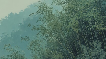 Lush Green Bamboo Forest Under Soft Blue Sky a Tranquil Natural Scene with Dense Foliage