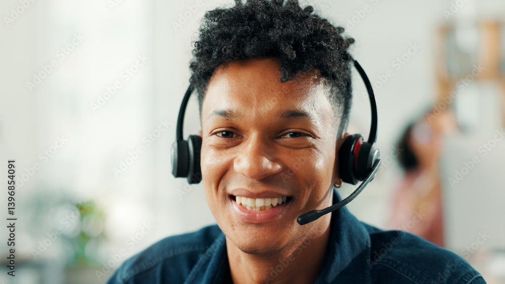 Leinwandbilder consulting, headset and portrait with man in call center for assistance, help or support. communicat