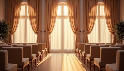 Naklejka premium Elegant interior of a waiting room with sunlight streaming through large windows and soft drapes