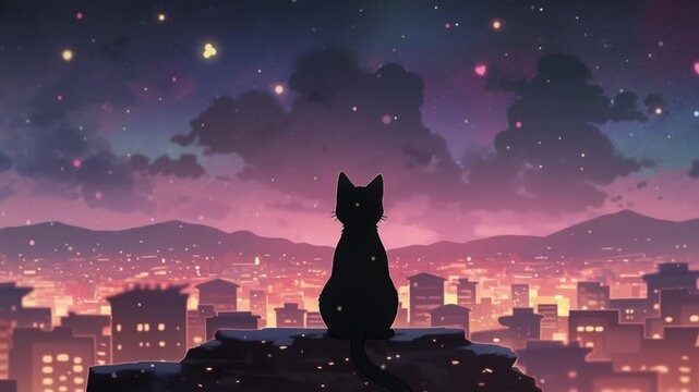 simple flat anime, Back view of a very small black kitten sitting on top of a building overlooking the city on a starry night, looking out over the city. Lofi art, anime, Asmr.