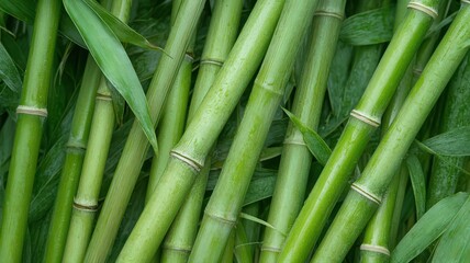 Lush Green Bamboo Stalks and Leaves with Water Droplets