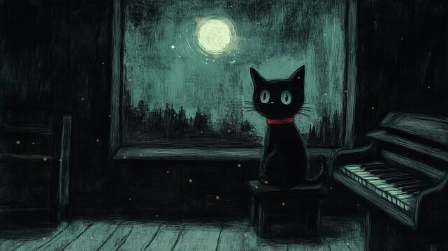 Simple room, window with rainy night view, grand piano, one cute black cat in red choker looking at the window. Painterly hand drawn illustration.
Lofi art, anime, Asmr.