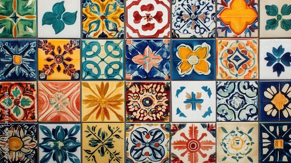 Poster vibrant mosaic tile arrangement, showcasing colorful patterns and shapes that create a lively and ar