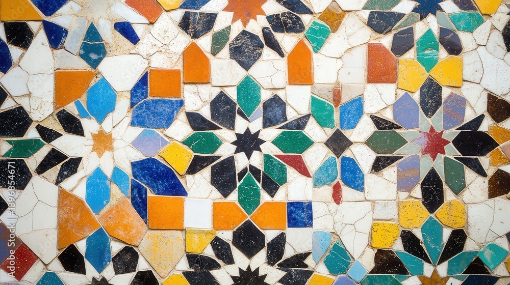Poster vibrant mosaic tile arrangement, showcasing colorful patterns and shapes that create a lively and ar