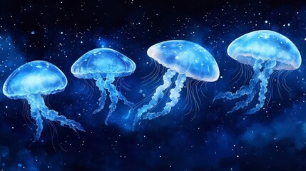 Glowing jellyfish drift in a dark, starry deep sea environment, luminescent and graceful
