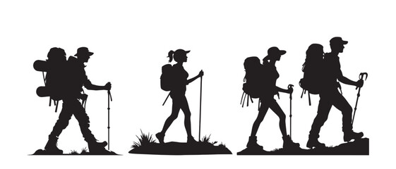  Silhouette of hiking man and woman vector illustration isolated on white background.
