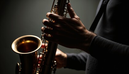 Fototapeta premium Close-up of a musician's hands playing a saxophone, highlighting the instrument's sleek design in dramatic lighting