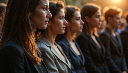 Obraz premium Line of women in formal attire standing attentively during an outdoor event at sunset