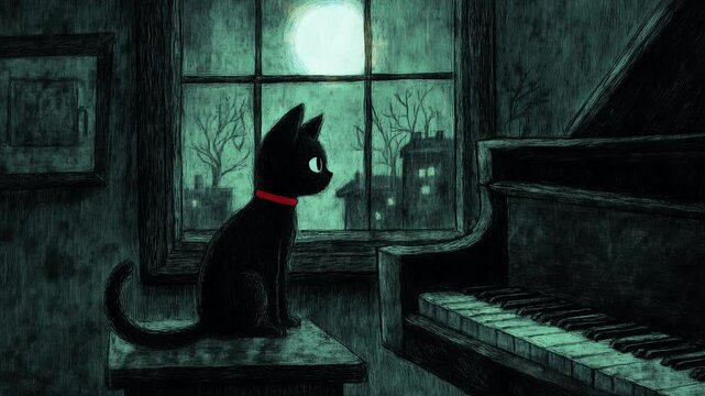 Simple room, window with rainy night view, grand piano, one cute black cat in red choker looking at the window. Painterly hand drawn illustration.
Lofi art, anime, Asmr.