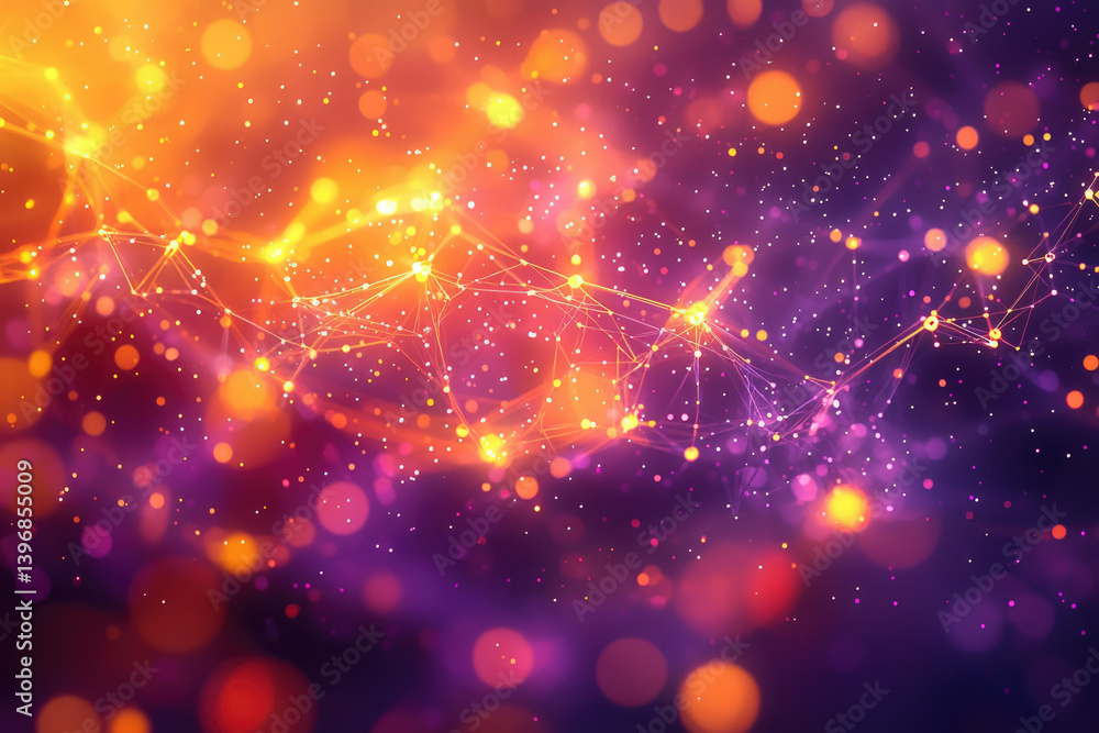 Poster abstract network of connected lines and nodes, glowing with orange and purple hues against a dark, s