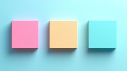 Three pastel cubes on blue background.