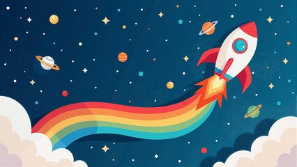 Playful Rocket Ship with Rainbow Trail Soaring Through Starry Space with Planets