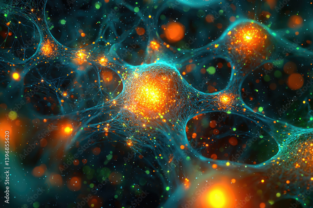 Aufkleber Abstract neural network visualization with glowing nodes and intricate connections, showcasing data flow and complex systems in vibrant colors.
