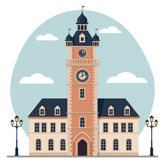 Elegant clock tower building in flat design style surrounded by street lamps and clouds in bright vector art