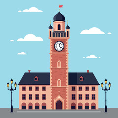 Historic clock tower in a charming town square with flat design vector art showcasing detailed architecture and a vibrant blue sky