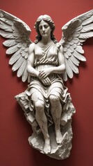 Fototapeta premium An angel of cracked marble is captured in silent contemplation, his wings are partially destroyed. A face full of wisdom and peace. The background is a rich scarlet color.