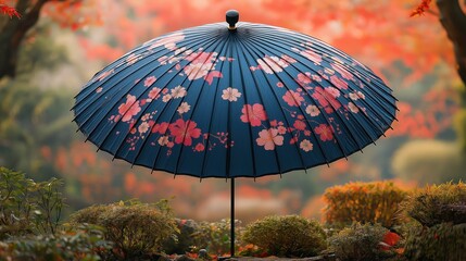 Traditional handcrafted paper umbrella with intricate floral patterns set against a serene garden backdrop