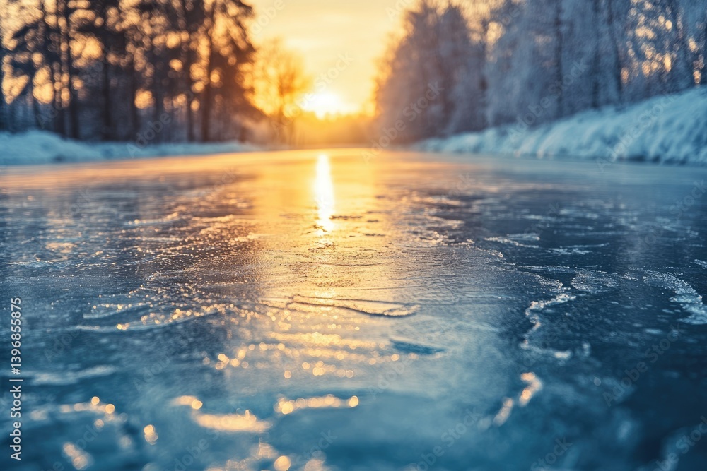 Poster sunset illuminates a frozen lake, creating a serene winter landscape with trees in the background.