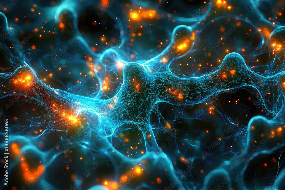 Poster Abstract network of interconnected nodes with glowing orange particles, evoking a sense of connectivity, complexity, and technological innovation on dark background.
