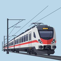 Obraz premium Modern electric train in motion showcasing sleek design and vibrant colors in flat vector illustration style against a clear blue sky background