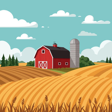 Red barn surrounded by golden wheat fields under a clear blue sky in a flat vector illustration
