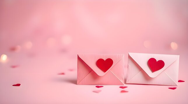 A pastel pink background features red and white envelopes adorned with heart decorations. A blurred bokeh effect creates a soft, romantic Valentine's Day atmosphere. The envelopes are in sharp focus - Powered by Adobe