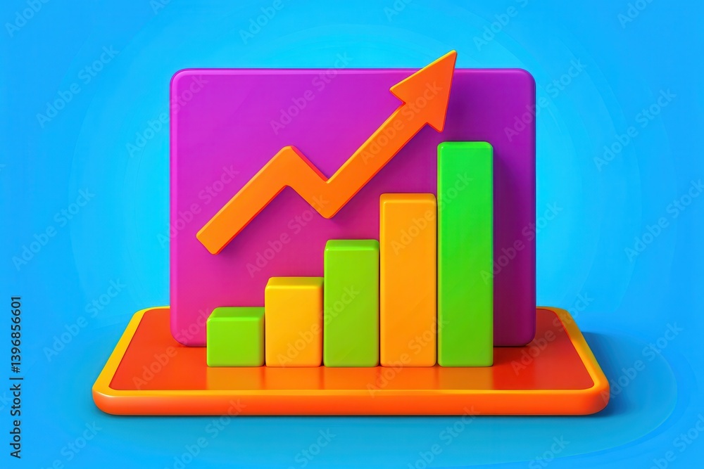 Poster a colorful graphic representation of an upward trend in data, featuring bar graphs and an arrow, sym