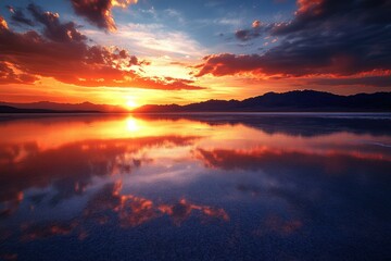 Fiery sunset over a calm lake, reflecting vibrant colors in the sky and mountains.