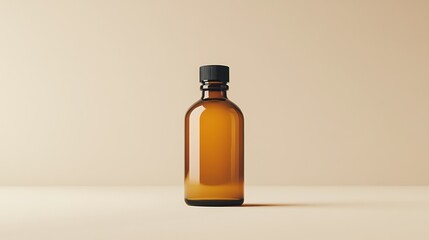 Fototapeta premium Amber glass bottle with black cap on beige background.